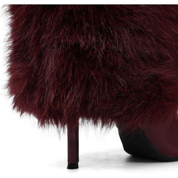 Women's B-Wine Red Suede Fur Knee High Heels Wide Calf Fold Fashion Boots Shoes - Picture 5 of 7